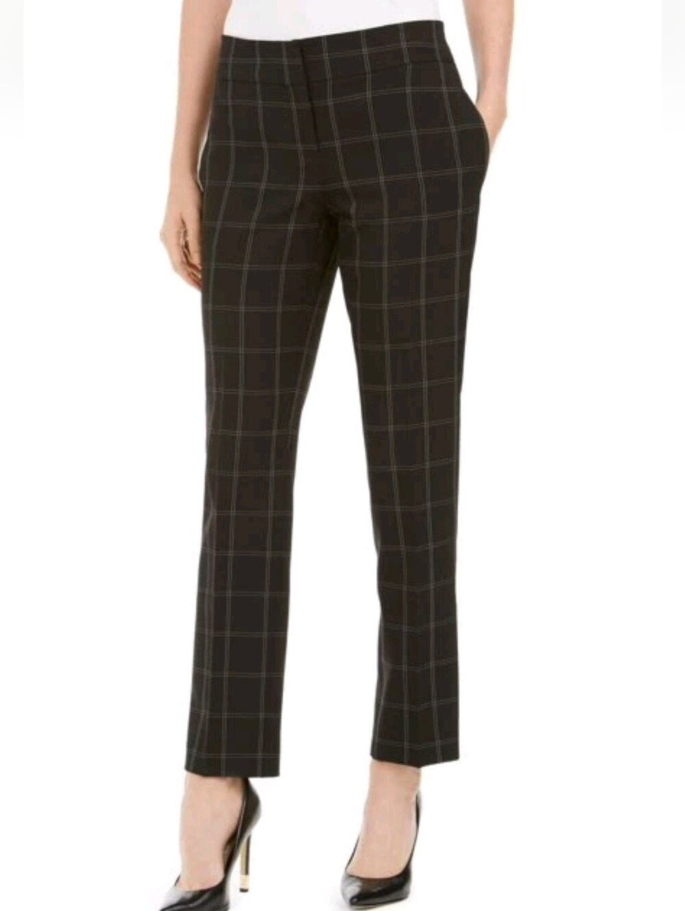 Kasper Dress Pants Windowpane Plaid Black White Straight Leg Mid Rise